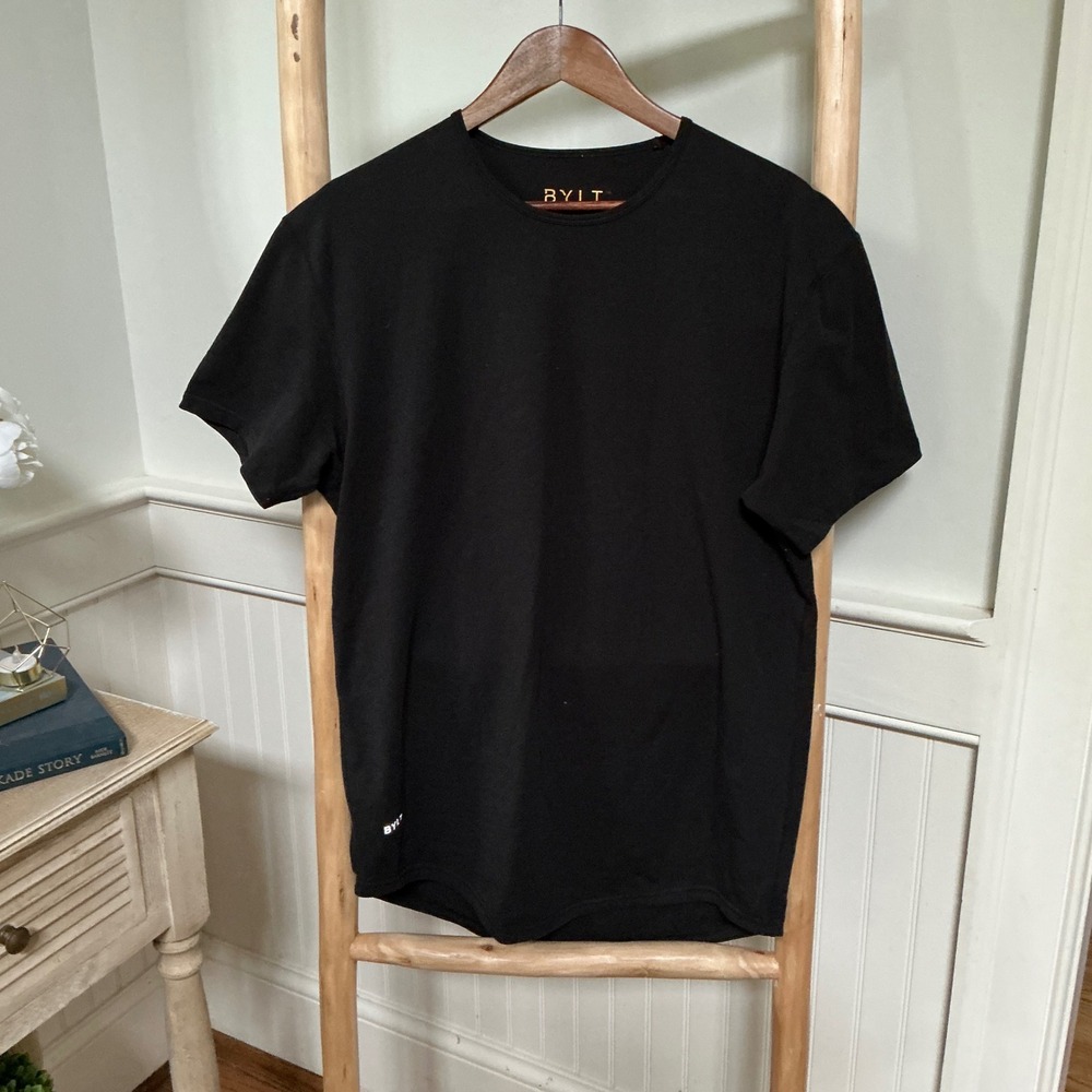 BYLT Premium Basics Mens Drop-Cut Lux Short Sleeve Tee Black Large L Curved Hem